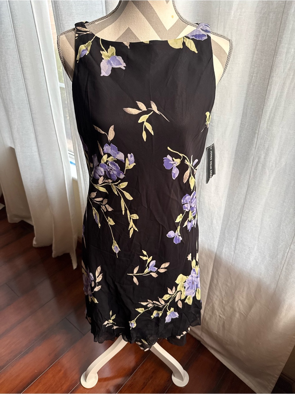 Jones Wear Black Mini Dress with Purple and Yellow Floral Print